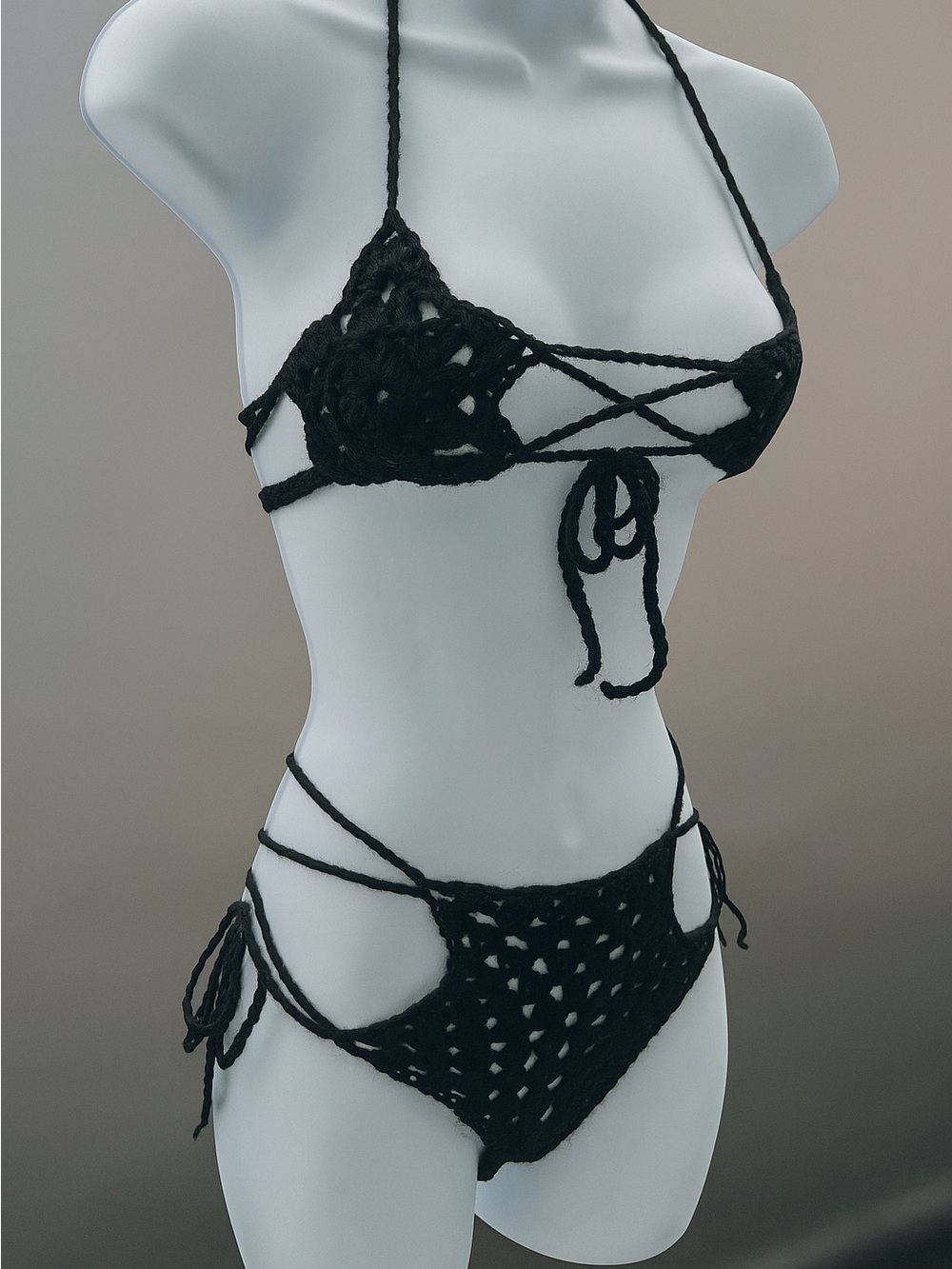 Handmade Black Crochet Tie-Side Bikini Top & Bottom - Women Swim